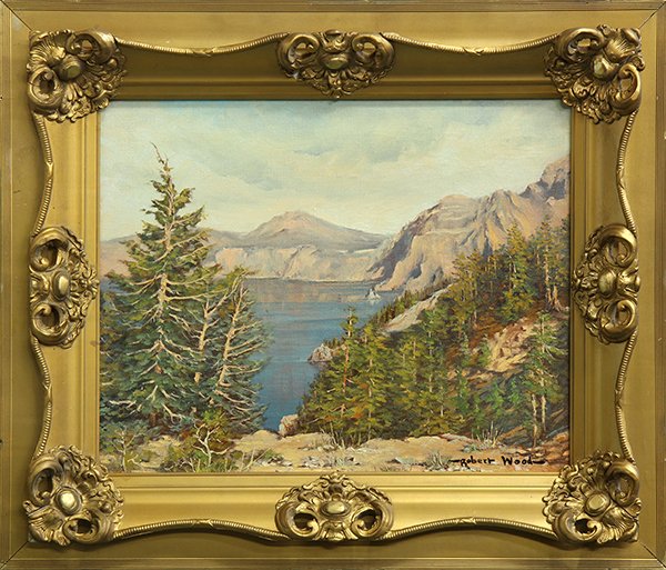 Painting, Manner of Robert Wood: Manner of Robert Wood (American, 1889-1979), View of Crater Lake, oil on canvas, bears signature lower right, overall (with frame): 23.5"h x 27.5"w