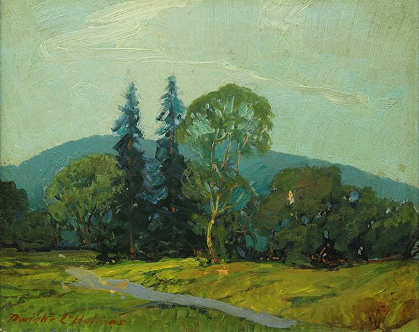 Painting, Dwight Clay Holmes, Country Road: Dwight Clay Holmes (American, 1900-1986), Country Road, oil on panel, signed lower left, sight: 7.5"h x 9.5"w, overall (with frame): 10.5"h x 12.5"w