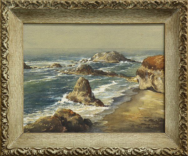 Watercolor, Lloyd Harting: Lloyd Harting (American, 1901-1974), Coastal Landscape, watercolor on board, signed lower right, artist stamp verso, board: 14"h x 18"w, overall (with frame): 19"h x 23"w