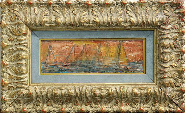 Painting, Pascal Cucaro, Sunset Sailboats: Pascal Cucaro (American, 1915-2004), Sunset Sailboats, oil on masonite, signed upper left, overall (with frame): 12.75"h x 21"w