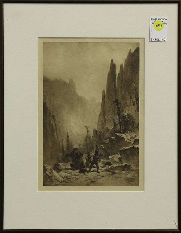 Print, Encounter with a Grizzly Bear, After Thomas Hill: After Thomas Hill, "The Indian Canon- Encounter with a Grizzly Bear," 1888, photogravure, published by Haworth Press, included in "Picturesque California" by J. Dewing Co., overall (with frame): 16.75