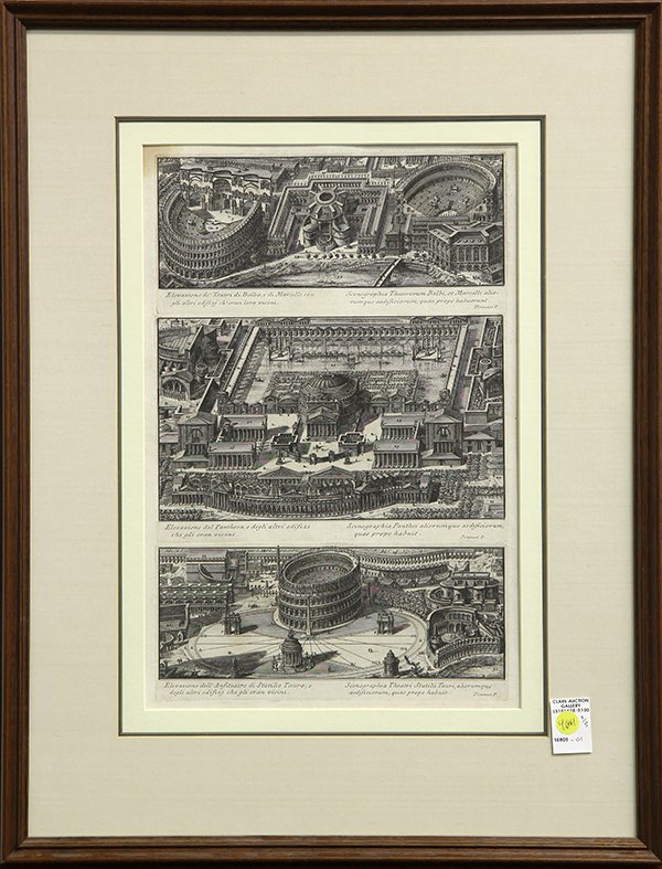 Prints, Giovanni Battista Piranesi, Il Campo Marzio: (lot of 3) Giovanni Battista Piranesi (Italian, 1720-1778), The Elevazioni - XLVIII, Aquae Virginis ad Hadriani - XXX, and Teatri Pompejani - XVI, from Il Campo Marzio Dell'Antica Roma, 1762, etchings