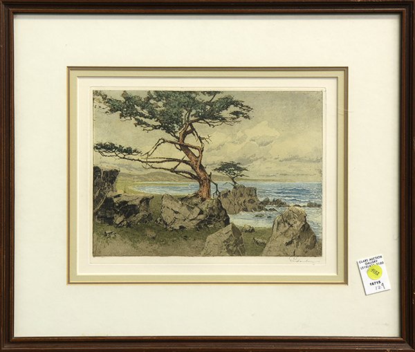 Print, Josef Eidenberger, Carmel Cypress: Josef Eidenberger (Austrian, 1899-1991), ''Carmel Cypress,'' etching with aquatint, pencil signed lower right, John Miller Galleries label affixed verso, overall (with frame): 17.25''h x 20.5''w