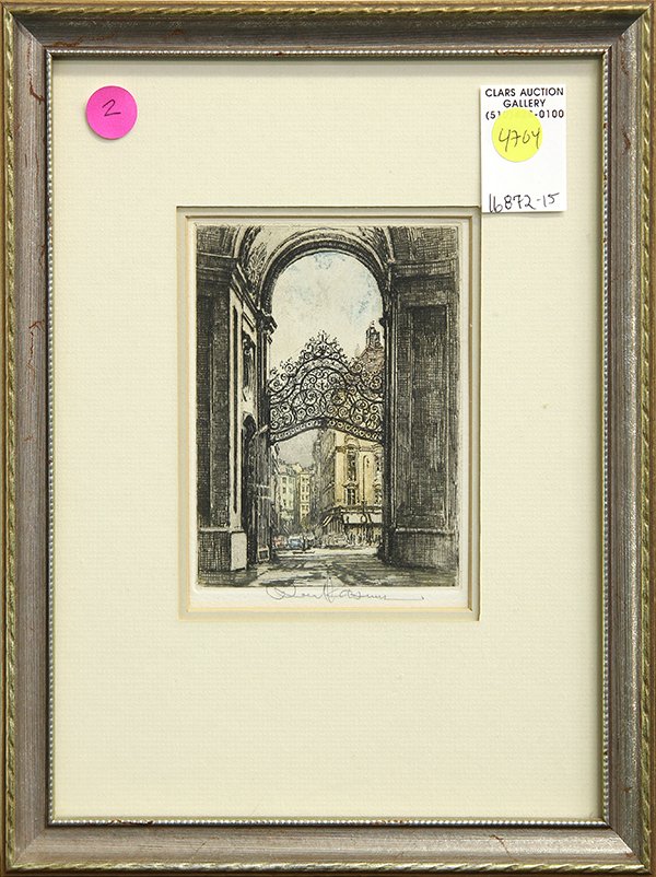 Prints, Luigi Kasimir, Parisian Flower Cart: (lot of 2) Luigi Kasimir (Austrian, 1881-1962), City Gate and the Parisian Flower Cart, color etchings, each pencil signed, overalls (with frame/each): 12"h x 9.75"w
