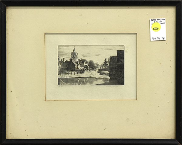 Print, John Taylor Arms: John Taylor Arms (American, 1887-1953), Town Along Water, 1938, etching, pencil signed lower right, from an edition of 100, image: 3.25"h x 5.25"w, overall (with frame): 12"h x 15"w
