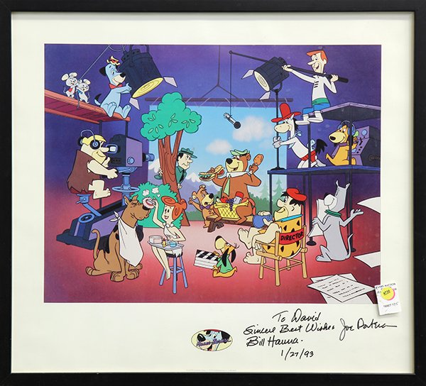 Hanna-Barber Productions Print: Hanna-Barbera Productions offset print depicting the Flinstones, Yogi and BooBoo, the Jetsons, etc., 1993, dedicated to David Ruttenberg and signed by Bill Hanna lower right, overall (with frame): 23"