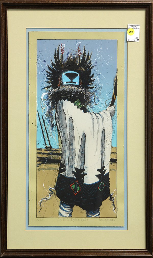 Print, Larry Fodor, Crow Mother Kachina: Larry Fodor (American, b.1951), "Crow Mother Kachina State I," 1985/86, hand colored lithograph, pencil signed lower right, titled center margin, edition 5/100, printed at Grey Arrow Press, Santa Barb