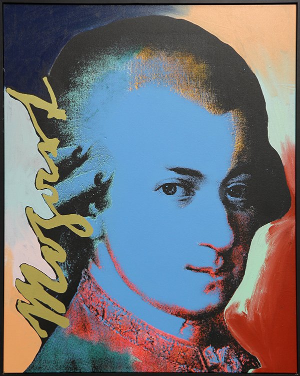 Print, Steve Kaufman, Mozart II: Steve Kaufman (American, 1960-2010), "Mozart II," screenprint on canvas with hand embellishment, signed verso, edition 23/195, COA affixed verso, overall (with frame): 46"h x 36.5"w