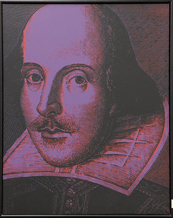 Print, Steve Kaufman, Shakespeare State II: Steve Kaufman (American, 1960-2010), "Shakespeare State II," screenprint on canvas with hand embellishment, signed verso, edition 45/195, overall (with frame): 46"h x 36.5"w