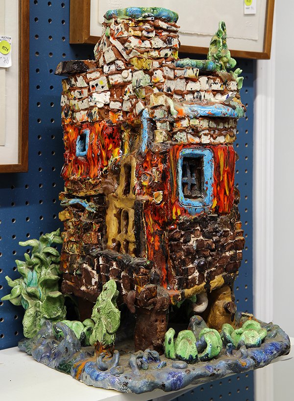 Sculpture, Follower of David James Gilhooly: Follower of David James Gilhooly (American, b. 1943), Untitled (House Ablaze), glazed ceramic sculpture, unsigned, overall: 20"h x 14"w x 13"d. Provenance: From the estate of Edward Gerber