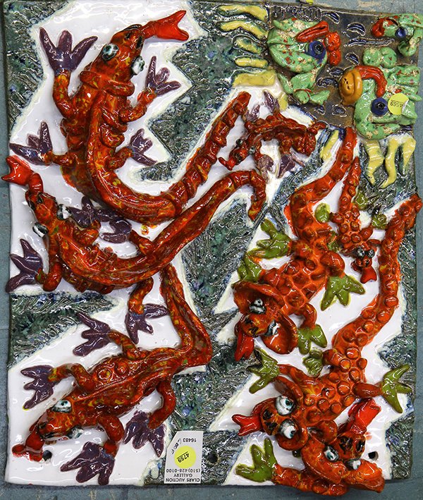 Sculpture, Maya Peeples, Red Lizards: Maya Peeples (American, 20th century), Red Lizards, glazed ceramic wall relief sculpture, signed bottom, overall: 15.5"h x 14"w x 3"d. Provenance: From the estate of Edward Gerber