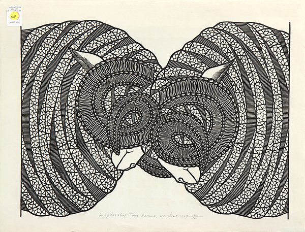 Print, Jacques Hnizdovsky: Jacques Hnizdovsky (American/Ukrainian, 1915-1985), ''Two Rams,'' 1969, woodcut, signed lower center right, edition 46/100, sheet: 17.5''h x 23.5''w. Provenance: The David C. and Sarajean Ruttenberg C