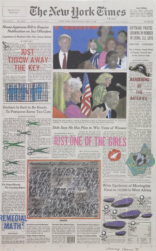 Print, Nancy Chunn: Nancy Chunn (American, b.1941), "The New York Times, May 8, 1996", 1996, color lithograph, pencil signed and dated lower right, edition 20/25 AP, sheet (unframed): 22"h x 13.75"w. Provenance: The Davi