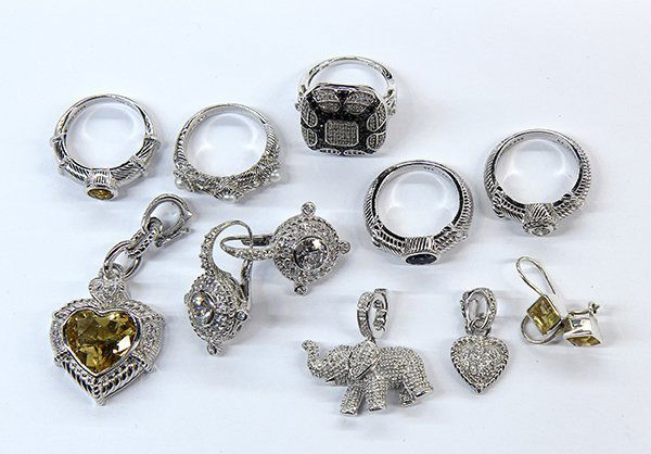 Collection of gemstone and sterling silver jewelry: Collection of gemstone and sterling silver jewelry comprised of items marked Judith Ripka, including four rings, two heart pendants and one pair of earrings, set with various gemstones including citri