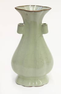 Chinese Guan Type Arrow Vase: Chinese Guan type lobed arrow vase, with a flared mouth and tubular handles flanking the neck above the pear shaped body, 9"h