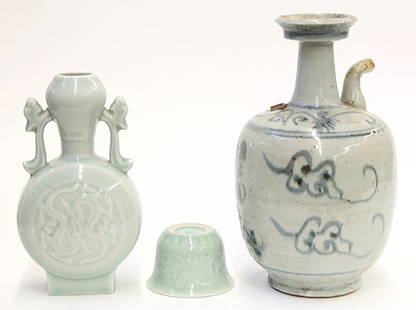 Group of Three Chinese Porcelain: (lot of 3) Group of Chinese porcelain, the first a celadon vase, with chilong handles, decorated with molded dragons to the flattened circular body; the second a celadon cup molded with flower