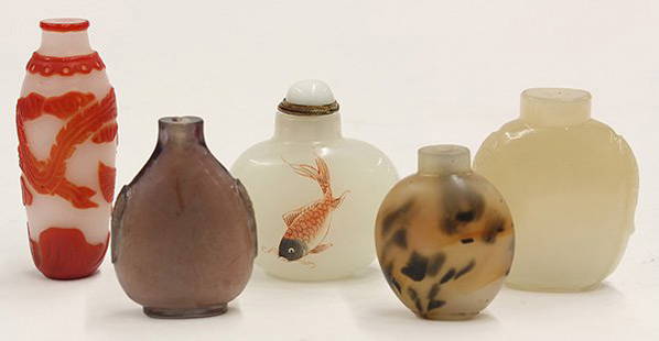 Eight Chinese Snuff Bottles: (lot of 8) Chinese snuff bottles, consisting of a turquoise bottle carved with a horse, a flattened white hardstone bottle with green inclusions, carved with pine tree, and a fossilized coral bottle;