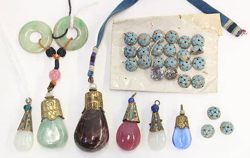 Group of Chinese Accessories: (lot of approximately 30) Chinese decorative accessories, consisting of tear drop pendents including one jade, one red spinel, and four glass beads; together with 24 kingfisher decorated silvered