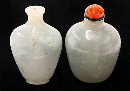 Two Chinese Jadeite Snuff Bottles: (lot of 2) Chinese jadeite snuff bottles, each with a flattened tapering body, one incised with immortals in landscape, 2.5"h