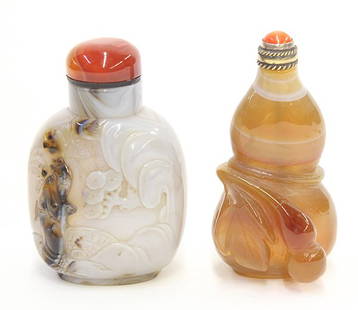Two Chinese Agate Snuff Bottles: (lot of 2) Chinese agate snuff bottles; the first a banded agate with an elderly man carved from a dark patch in contrast with the light ground; the second, a caramel matrix of double gourd form,