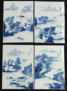 Four Chinese Blue and White Porcelain Plaques: (lot of 4) Chinese underglaze blue porcelain plaques, each decorated with a mountain and water landscape, the upper right inscribed with cyclical date xinyi spring and Huang at Zhushan, 7"h x 5"w