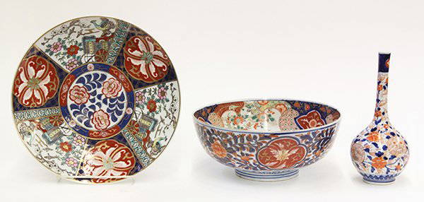 Japanese Imari Porcelain Bowl, Vase, Charger: (lot of 3) Japanese Imari porcelain charger, decorated with various flowers, birds and carriages in reserves, exterior with auspicious decoration, recess base marked 'Arita yaki'; a stick-neck vase