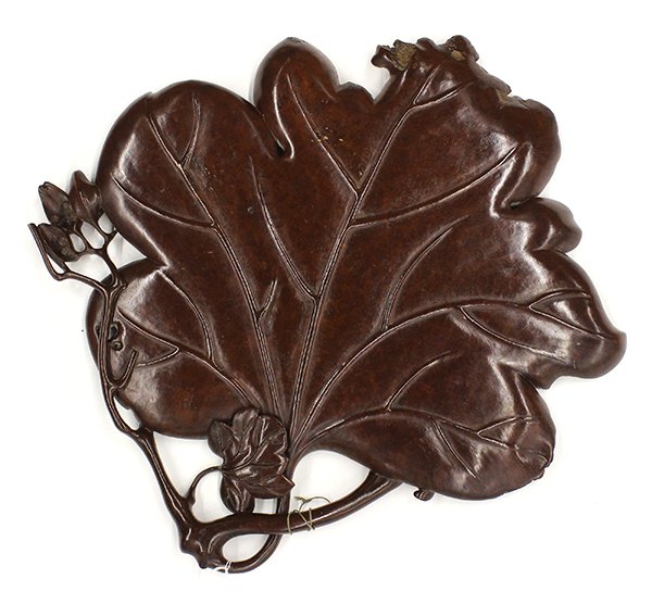 Japanese Wooden Leaf Tray, 19c: Japanese carved burlwood tray, Meiji period, in the shape of ivy leaf, 19" x 20". Provenance: From the estate of Edward Gerber