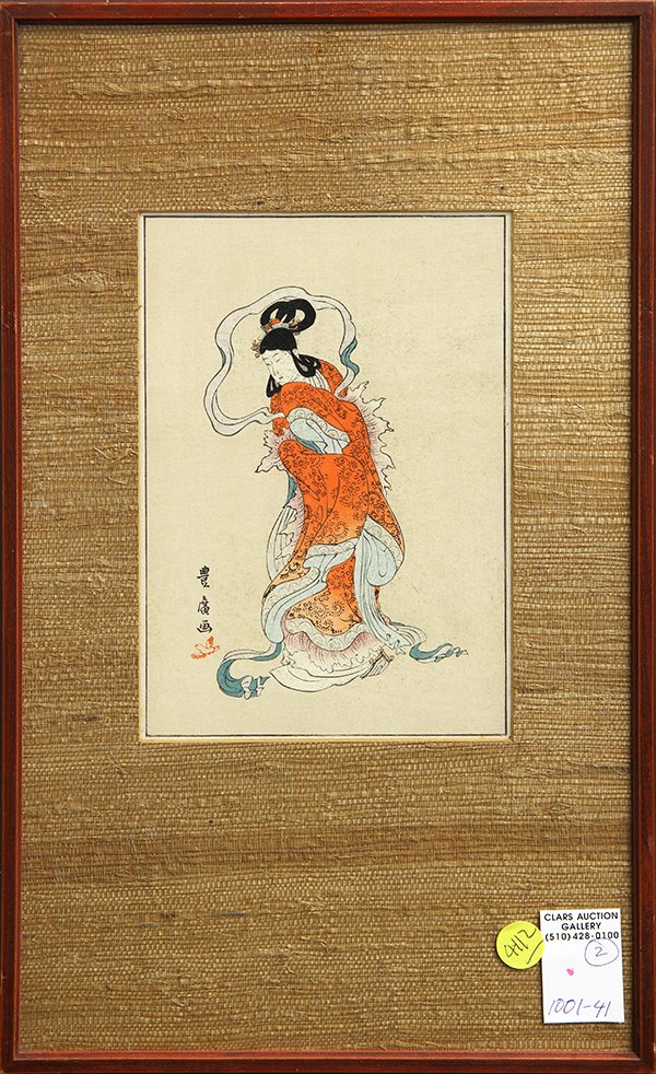 Japanese Woodblock Prints, Toyohiro, Eiko: (lot of 2) Japanese woodblock prints: Kobayashi Eiko (1868-1933) depicting the Ukiyo-e image of Iwasa Matabei (Japanese, 1578-1650), lower right with the signature; Utagawa Toyohiro (1782-1828), 'Cele