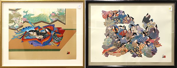 Japanese Modern Print, Otsuka Hisashi: (lot of 2) Otsuka Hisashi (Japanese, b. 1947), depicting a group of noble man, woman and Buddhist monks of the Heian period, silkscreen, lower right with the signature and red seal, largest sight: 27"
