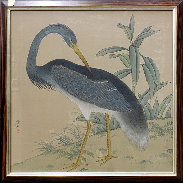 Chinese Modern Painting, Wang Xueshi: Wang Xueshi (Chinese, 20th century), 'Louisiana Heron,' tempera on silk, lower left with the signature and seal, sight: 34.5" x 34.5", overall (frame): 39"x 39"