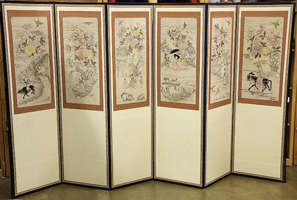 Korean Six Panel Painted Screen: Korean six panel folding screen, ink and color on paper, depicting scholars in landscape, 61"h. Provenance: From the estate of Edward Gerber