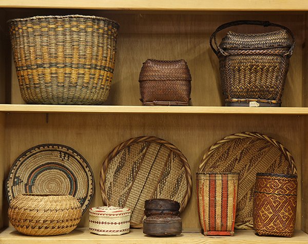 (lot of 12) Assortment of baskets, including circular: (lot of 12) Assortment of baskets, including circular trays and covered boxes, largest: 9.5"h. Provenance: From the estate of Edward Gerber
