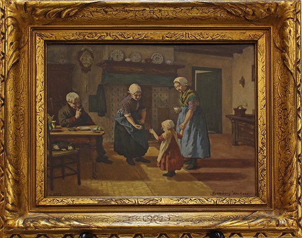 Dutch porcelain plaque by Rozenburg, entitled "den: Dutch hand painted porcelain plaque by Rozenburg, after David Adolf Constant Artz, depicting a genre scene of a child's first steps, and mounted in a gilt frame, 14"h x 15.5"w overall, sight: 9"h x 10