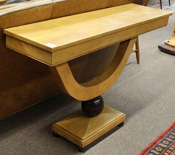 Art Deco console table: Art Deco console table, in the Biedermeier taste, having a rectangular top surmounting a 'U' shape standard, continuing to the spherical support, and rising on a faceted rectangular base, 31"h x 46"w 