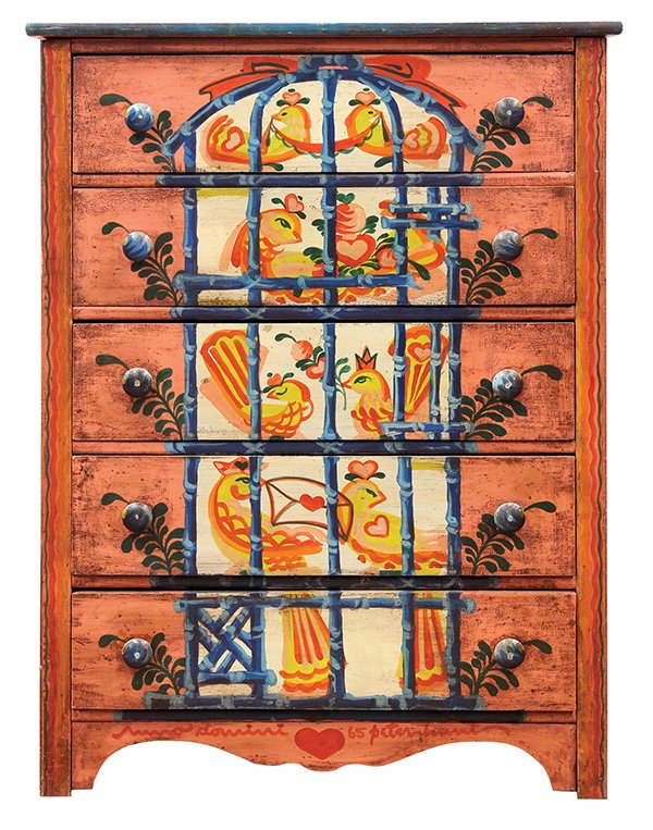 (lot of 3) Peter Hunt folk art inspired bedroom suite: (lot of 3) Peter Hunt (Cape Cod Massachusetts 1896-1967) folk art inspired bedroom suite, circa 1965, executed in polychrome decorated pine, consisting of a chest having a rectangular top above (5) dr