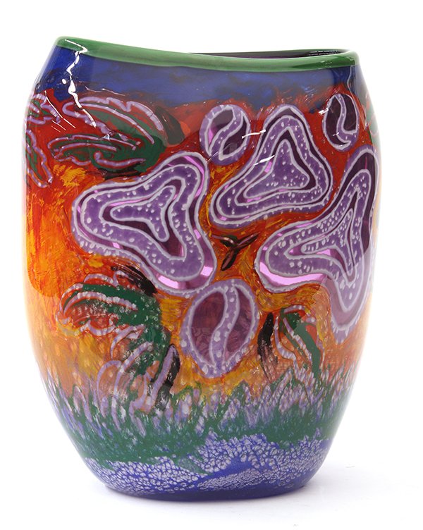 Art glass vase: Art glass vase, 1992, having a flattened oval form with a green band at the rim and decorated in an abstract painterly fashion with clear windows, done in oranges, blues, greens and purples and cased