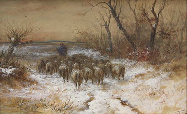 Watercolor, Hugo Anton Fisher: Hugo Anton Fisher (American, 1854-1916), Shepherd Tending the Flock in Winter, watercolor and gouache, signed lower right, sight: 14.25"h x 23.5"w, overall (with frame): 19.5''h x 28.5''w