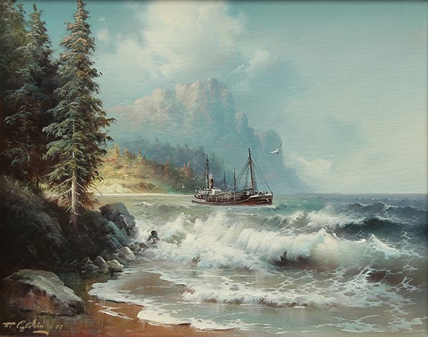 Painting, Eugene Garin, In Coastal Waters: Eugene Garin (Russian, 1922-1994), "In Coastal Waters," oil on canvas, signed lower left, canvas: 16"h x 20"w, overall (with frame): 25"h x 28.25"w