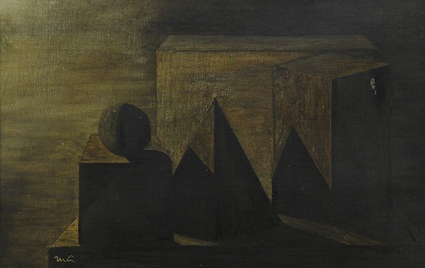 Painting, Mathias Goeritz: Mathias Goeritz (German/Mexican, 1915-1990) Untitled, oil on board, initialed lower left, sight: 14.5''h x 22.75''w, overall (with frame): 19.75''h x 28''w