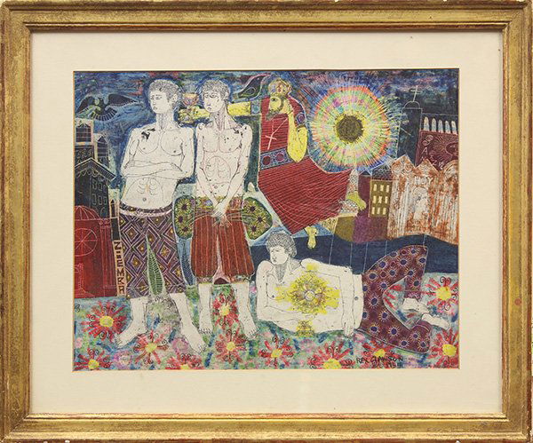 Work on paper, Rex Martin Clawson: Rex Martin Clawson (American, 1929-2007), Four Figures, 1954, mixed media, signed and dated lower right, sight: 10.5"h x 13.5"w, overall (with frame): 15.75''h x 18.75''w