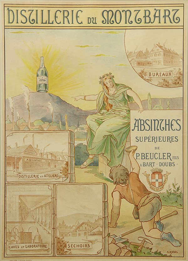 Absinthe Poster by M. Ringel: M. Ringel, Distillerie du Montbart Absinthe, c. 1900, color lithographic poster, printed by Atiliers J. Royer, Nancy, sight: 26.5''h x 19''w, overall: 35''h x 27.25''w