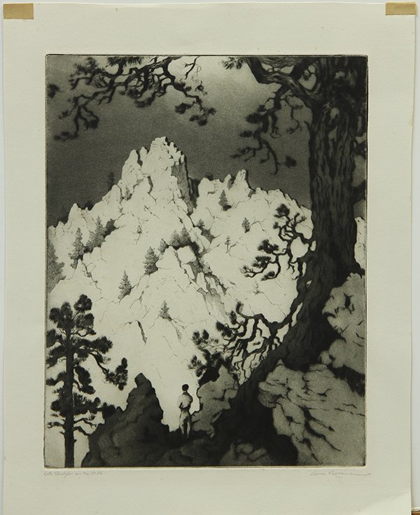 Print, Gene Kloss, Late Sunlight on the Cliffs: Gene Kloss (American, 1903-1996), "Late Sunlight on the Cliffs," c. 1941, drypoint and aquatint, pencil signed lower right, titled lower left, image: 14"h x 11"w, sheet: 17.5"h x 13.75"w