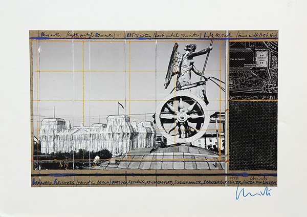 Print, Christo and Jeanne-Claude: Christo and Jeanne-Claude, "Wrapped Reichstag, Project for Berlin, Collage," 1994, offset print with metalic embossing, pencil signed in blue lower right, printed by Schumacher Edition, Düsseldorf, G