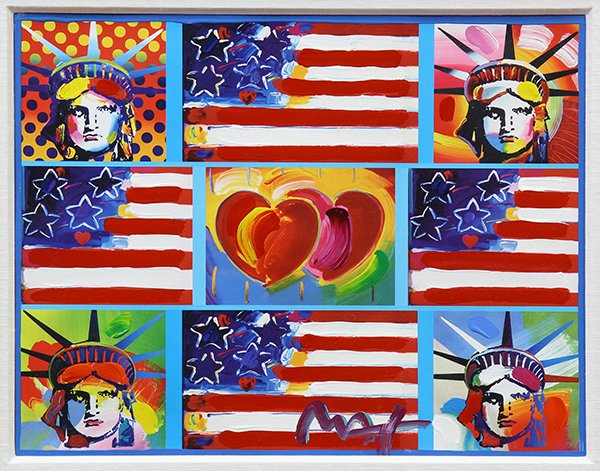 Print, Peter Max, 4 Liberties, 4 Flags, and 2 Hearts: Peter Max (American/German, b. 1937), "4 Liberties, 4 Flags, and 2 Hearts," from the "Patriotic Series," 2006, mixed media with acrylic painting and color lithography, sheet: 15"h x 19"w, overall (wit