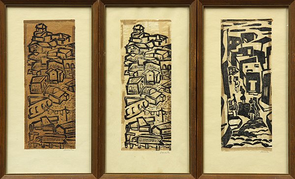 Prints, Marcel Janco: (lot of 3) Marcel Janco (Israeli, 1895-1984), Images of City Life, woodcuts on Japon paper, each pencil signed lower right, image (each): 10"h x 4"w, overall (each): 13.5"h x 7"w