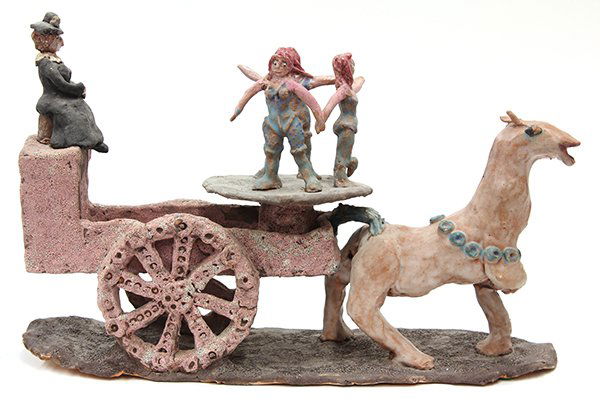 Sculpture by Beatrice Wood: Beatrice Wood (American, 1893-1998), 'Lola and Her Dancing Girls Going to Market', volcanic glazed earthenware sculpture, signed 'Beato,' upon base, sculpture: 10.5"h x 15.5"w x 5.5"d