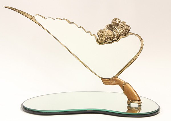Glass sculpture, Erte: Erte (Romain de Tirtoff) (French/Russian, 1892-1990), "Coquette," 1985, bronze and glass sculpture, incised signature and date along right edge, edition 183/250, foundry stamped, overall: 13.5"h x 19.