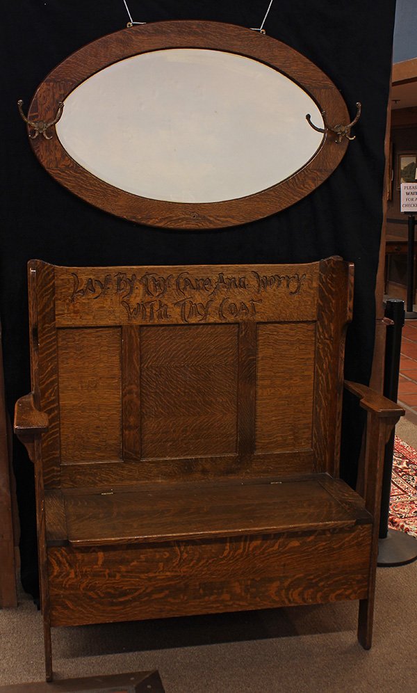 (lot of 2) Arts and Crafts hall settle with mirror: (lot of 2) Arts and Crafts hall settle with mirror, first quarter 20th century, each executed in quartersawn white oak, the high back settle with a contoured back centered with the motto: Lay.By.Thy.C