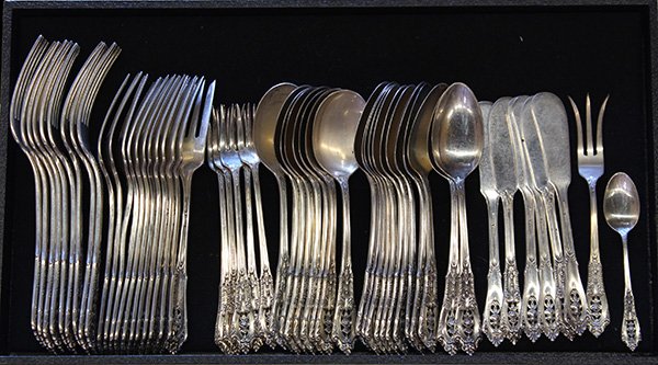 Wallace "Rose Point" pattern sterling silver partial: (lot of 55) Wallace "Rose Point" pattern sterling silver partial flatware service consisting of (12) salad forks, teaspoons; (9) place forks; (8) soup spoons; (6) seafood forks, spreaders; lemon fork,