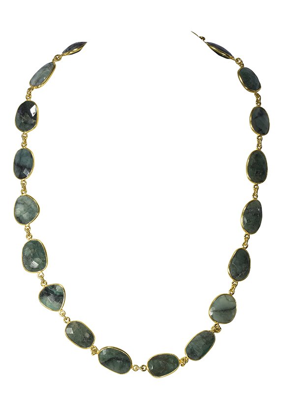 Green beryl and sterling silver gilt necklace: Green beryl and sterling silver gilt necklace composed of (20) green beryl double sided rose cut plaques measuring approximately 15.0 X 10.0 X 4.7 mm, bezel set in a sterling silver gilt necklace meas